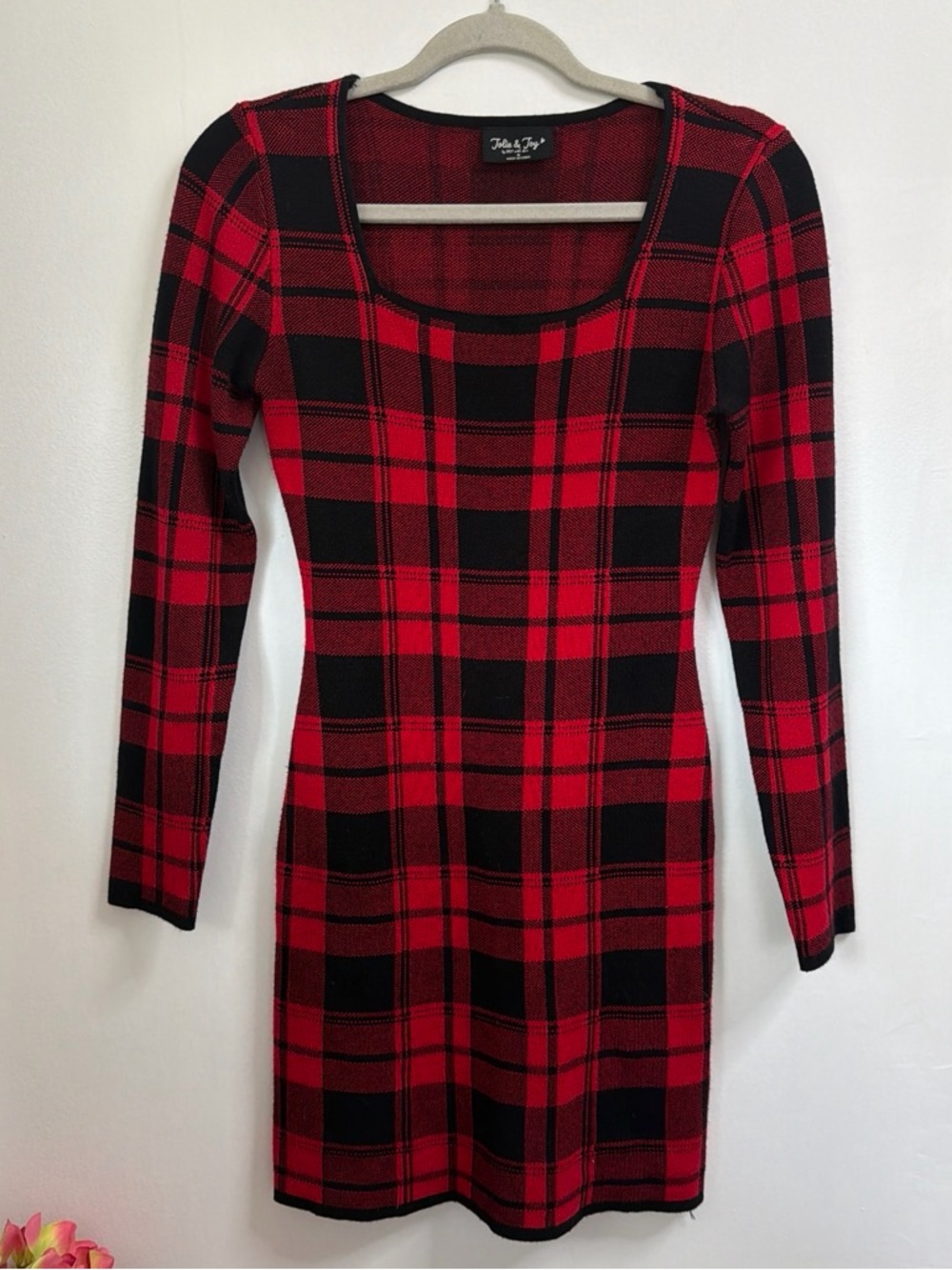Red Plaid Long-Sleeve Bodycon Dress long Sleeves Sz M